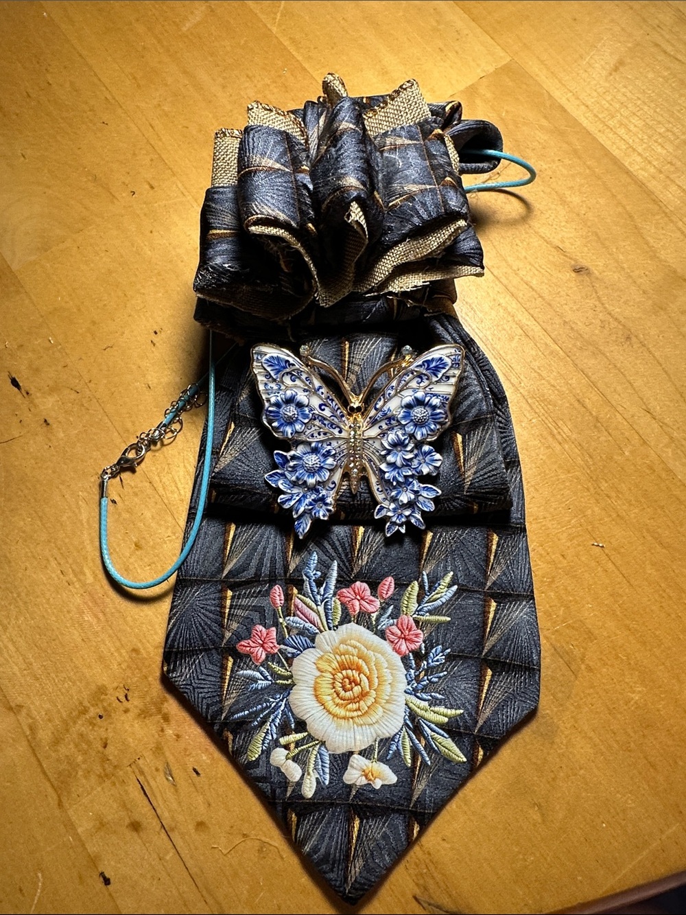 bill blass Silk Necklace Tie with Blue Butterfly and Yellow Floral Patch